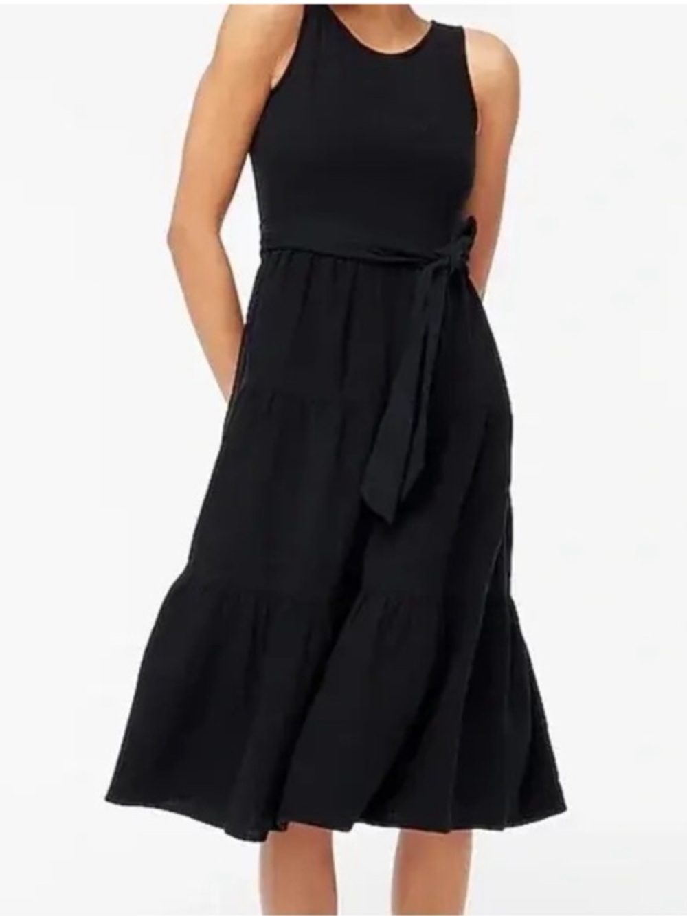 J Crew Black Gauze Mini Dress Tiered Skirt Midi Belted Neutral Coastal Size 8